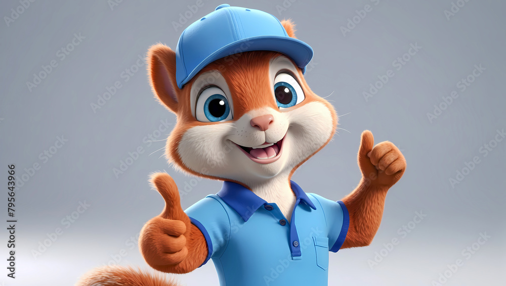Friendly and smiling male cartoon squirrel 3d character model with a welcoming posture on a clean background