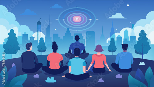 Against a glowing city skyline a group of people sit in a serene park their minds connected through wireless neural energy transfer as they meditate.