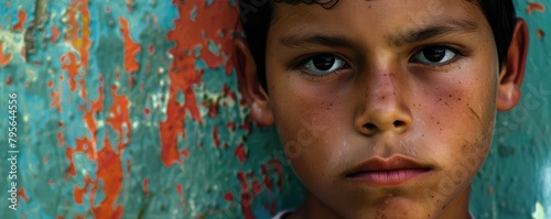 A portrait of the young  teeneger with mexican hat on head looking for the camera photo