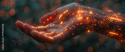 Close up of glowing digital circuitry in the palm of an outstretched hand . Futuristic Cyberpunk sci-fi artwork AI technology connection to human body concept