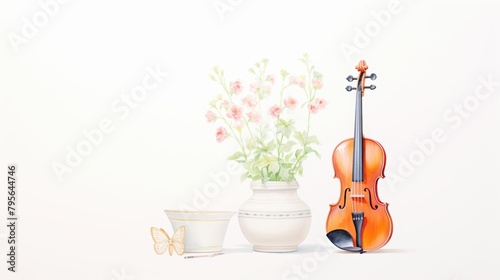 Simple yet elegant watercolor painting showcasing a violin, flower pot, and butterfly in an afternoon light, set against a pristine white background