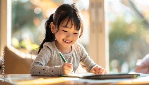 A young Asian girl is sitting at a table, smiling and writing in her notebook with a green pencil. Asian girl student sits and writes note in the classroom, Education in schools in the, kindergarten.