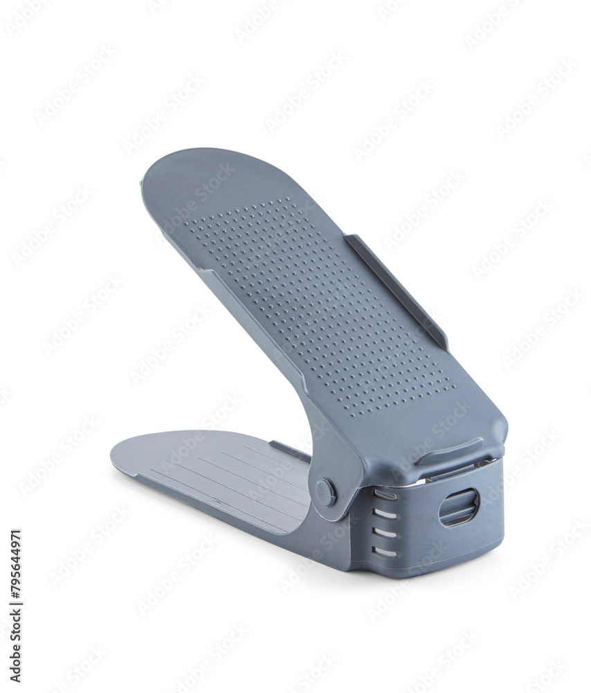 Adjustable organizer designed to store and display one pair of shoes with beige and brown sneakers, isolated on white. Convenient useful accessory for maintaining shape of footwear and saving space Adjustable organizer designed to store and display one pair of shoes with beige and brown sneakers, isolated on white. Convenient useful accessory for maintaining shape of footwear and saving space