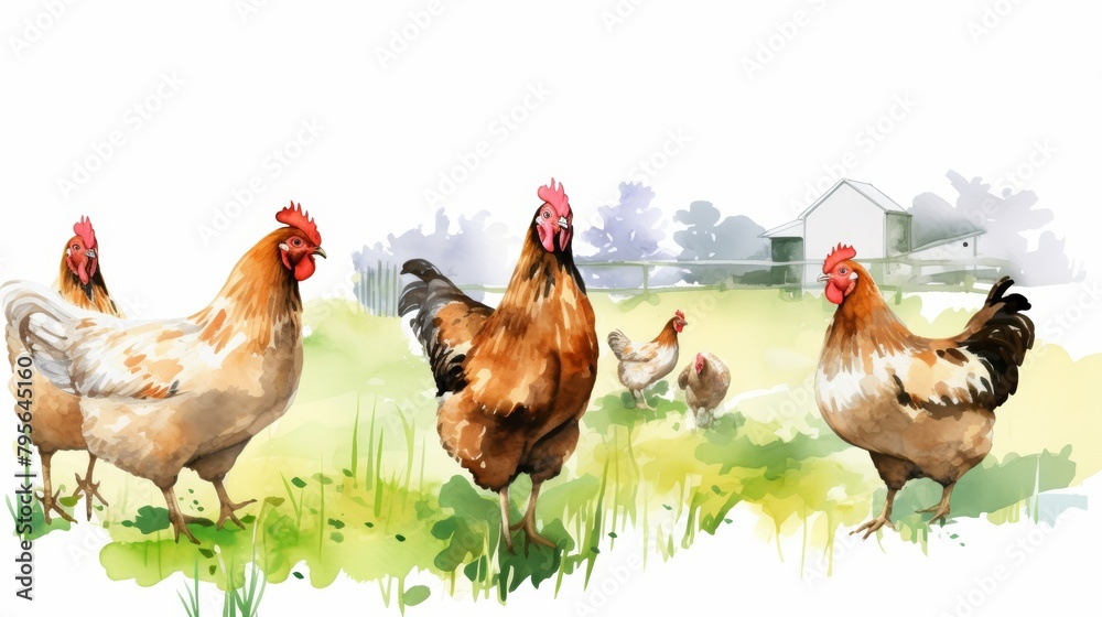 Fototapeta premium Watercolor-style portrait of hens roaming freely in a farmyard, depicted with vibrant strokes and isolated on a white background, water color, drawing style, isolated clear background