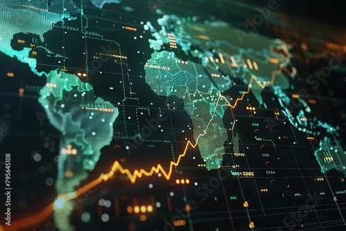 4k HUD graph with rising up arrow and bar stats,Financial data,diagrams showing a steady increase in profits,growing charts and flowing counters of numbers,digital data wall with world map