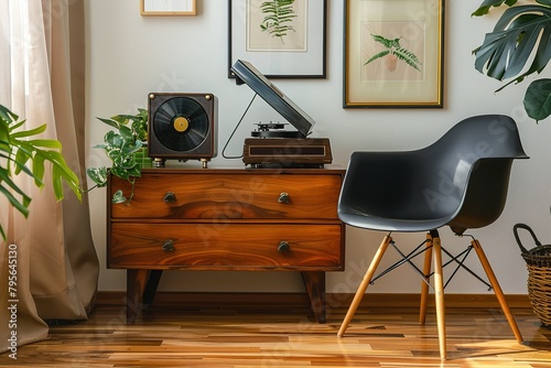 A gramophone on wooden cabinet and black chair in bright retro room stylish interior © kalyani