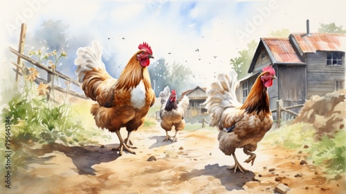 Watercolor painting of carefree hens in a rustic farmyard scene, portrayed with a sense of freedom, isolated on white photo