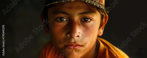 A portrait of the young  teeneger with mexican hat on head looking for the camera photo