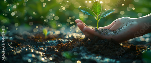 Hand holding and caring for a young plant, with a background of soil and glowing particles. banner design. Close up of a hand touching a green seedling in a nature garden. ecology concept banner