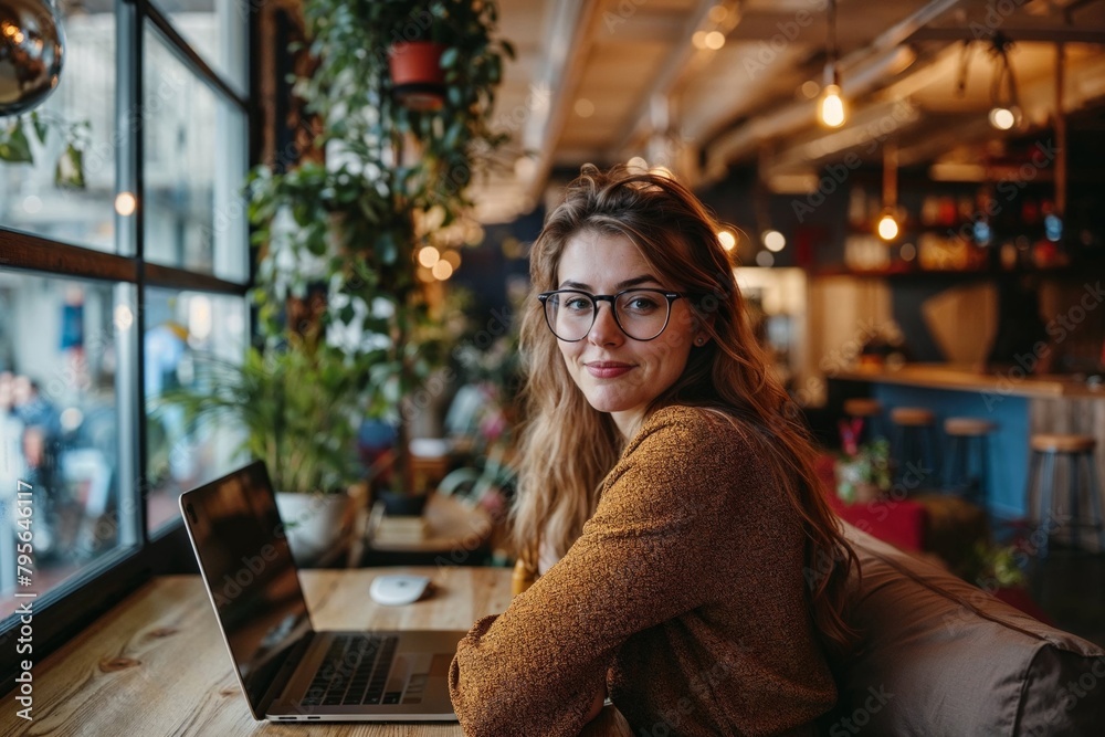 Confident Woman with Laptop in Cozy Cafe Setting Confident Woman with Laptop in Cozy Cafe Setting