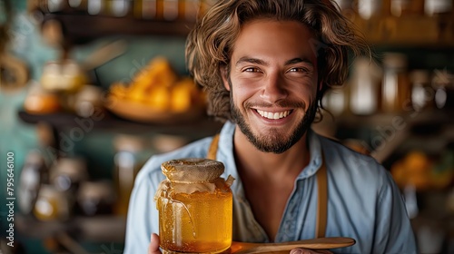 a funny and handsome man holding a jar of honey and a wooden spoon, with honey dripping from the spoon onto a green background, inviting viewers to indulge in sweetness. photo