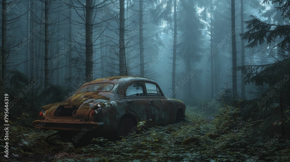 Abandoned car in a dense forest at dusk, eerie photograph capturing the mystery of sudden disappearance and isolation.