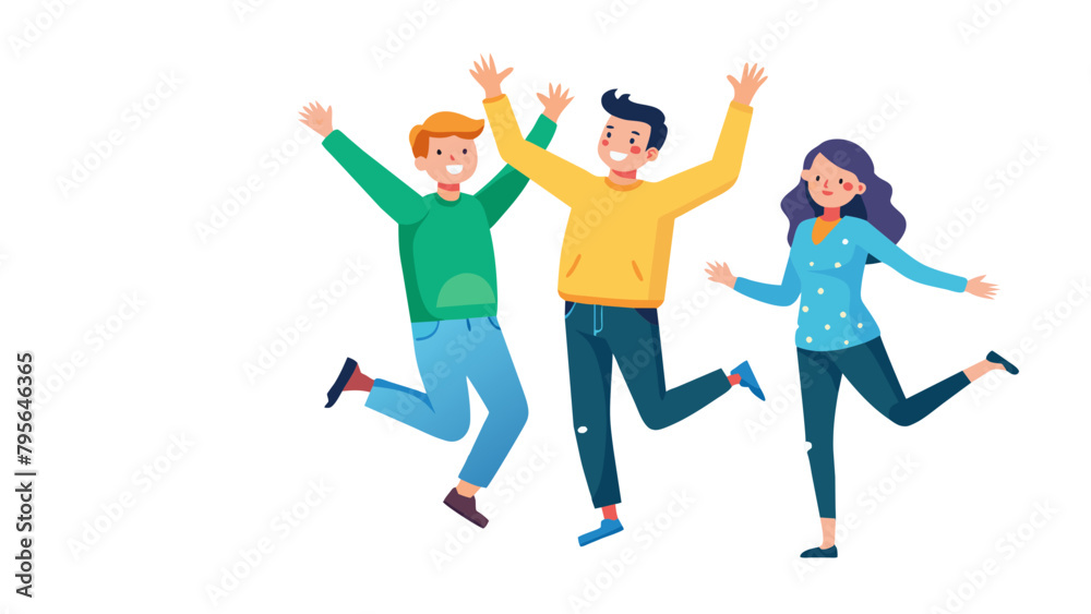 fun woman young man friendship group happy happiness jumping friend outdoor lifestyle together smiling female cheerful adult togetherness party girl jump, simplistic flat vector illustration, isolated