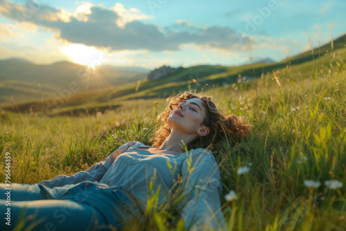 Young Woman Relaxes on Grass Field at Sunset