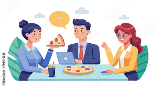 business meeting businesswoman woman office businessman break pizza eating food man meal lunch fun friend friendship snack race gane hunt teamwo rk, simplistic flat vector illustration, isolated