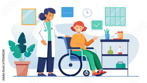 disability wheelchair doctor patient hospital medical disabled man handicap nurse handicapped health young wheel care clinic, simplistic flat vector illustration, white background, isolated
