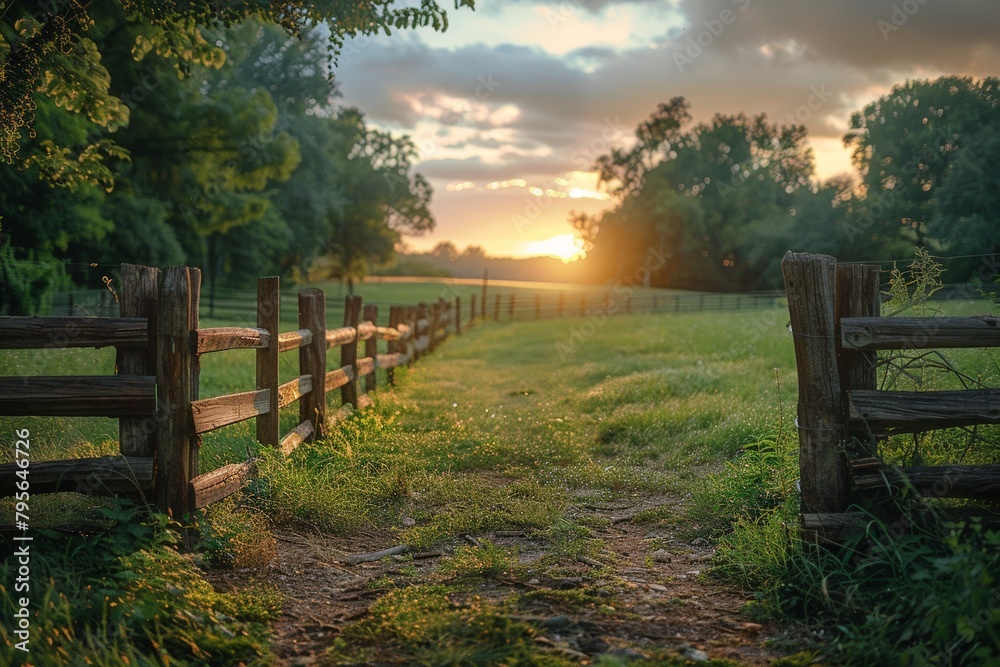 Obraz premium A tranquil path along a rustic wooden fence leading the eye towards a glorious sunset over a verdant field