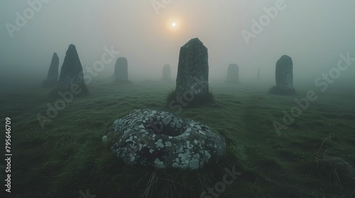 Ancient stone circle shrouded in mist at dawn, photograph perfect for stories involving druids, magic, and ancient ceremonies. photo
