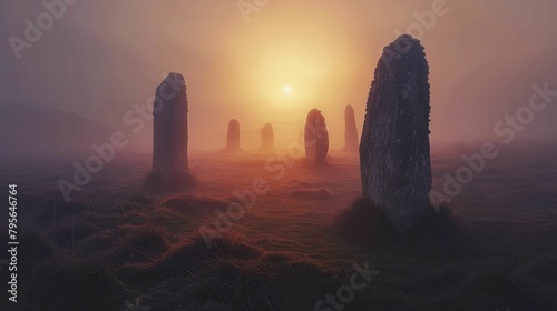 A magical aura envelops the ancient stone circle as mist dances at dawn, beckoning tales of druids and ancient ceremonies. © Kanisorn