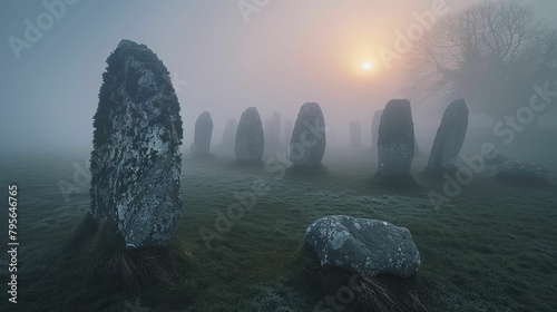 A mystical stone circle enveloped in dawn mist beckons tales of druids, magic, and ancient rituals.