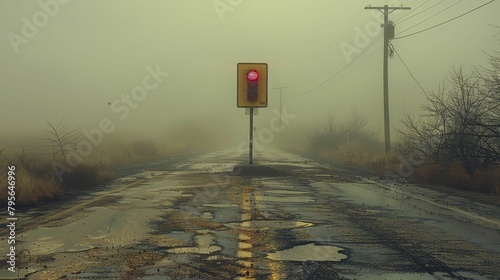 A haunting image of an abandoned highway, shrouded in fog, with a solitary, malfunctioning traffic signal evoking post-apocalyptic despair.