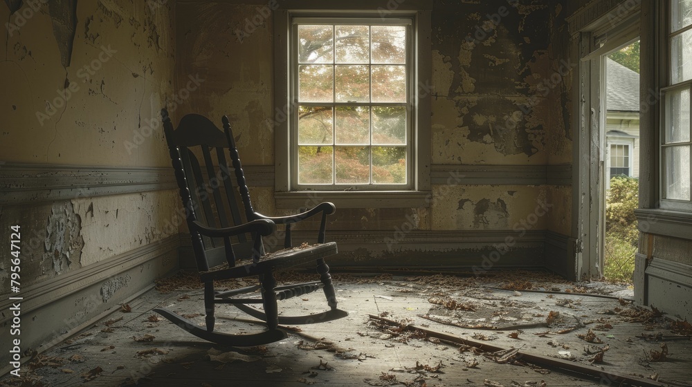 Chilling scene of an empty rocking chair moving slightly in an abandoned house, photograph enhancing the creepiness of deserted spaces.