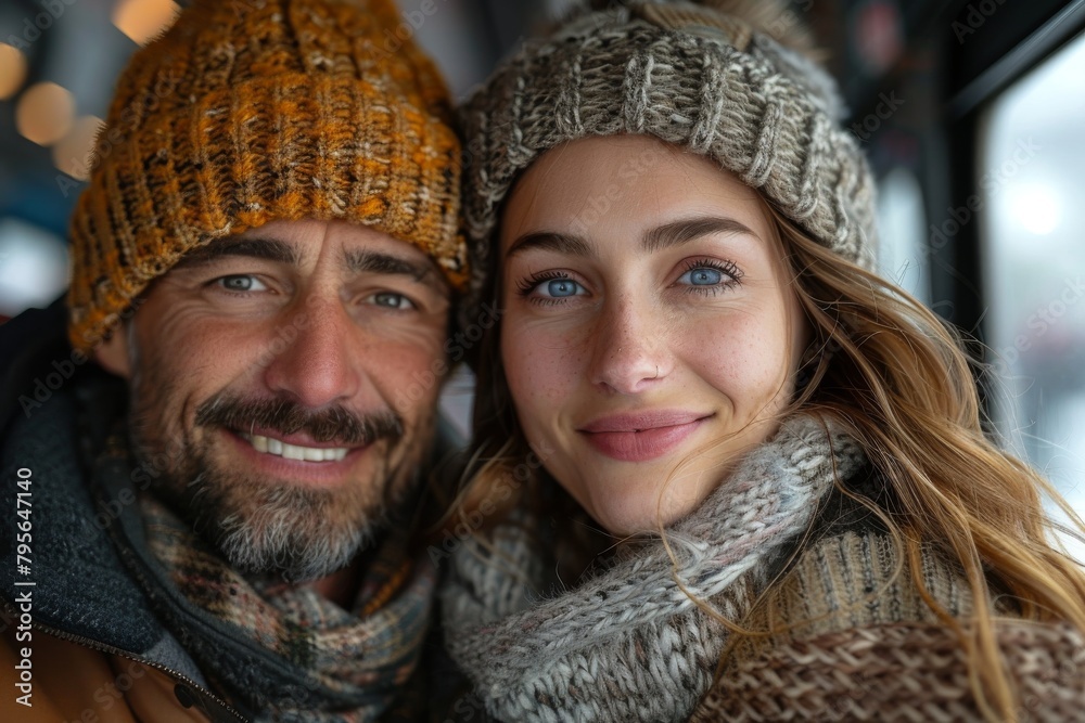 Smiling couple in warm winter attire close together against a blurred background, radiating happiness Smiling couple in warm winter attire close together against a blurred background, radiating happiness
