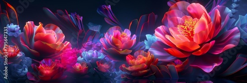 In the heart of a virtual valley  neon flowers bloom  their petals unfolding in vibrant digital colors  celebrating nature s vitality  background concept