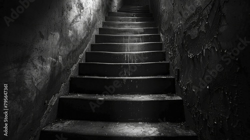 A spooky staircase disappearing into shadows, evoking dread and mystery, ideal for eerie tales of haunted houses. photo