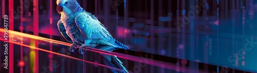 Innovative pet technology reaches new heights with a cybernetic parrot that recites data instead of phrases, perched on a glowing, futuristic stand photo