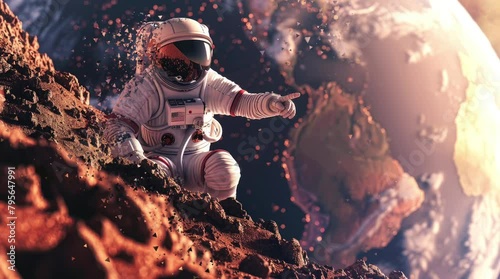 An astronaut in white space suit pointing at the planet Mars on red rock surface of alien world. Earth can be seen far away in background photo