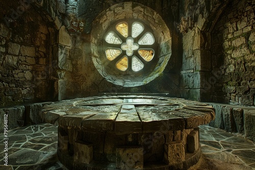 cinematic picture, a stone circle windows of a catle above a big thick oak table with 8 equal sides, the light trough the windows hit the center of the table, the table has sacred cross, under  photo