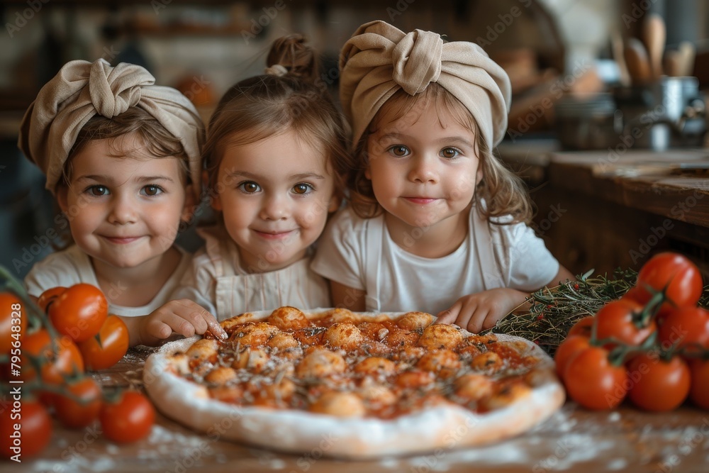 Three young girls wearing matching headbands smiling behind a delicious homemade pizza