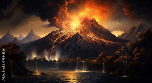 Volcano erupting lava in the sky photo