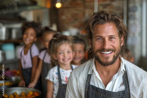A happy male chef surrounded by a group of cheerful kids in a modern kitchen setting