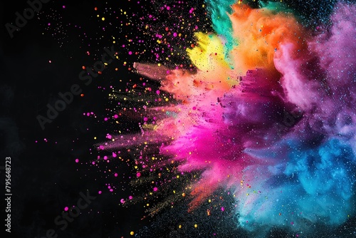 colorful rainbow holi paint color powder explosion isolated on bright black background. peace rgb gaming beautiful party festival concept