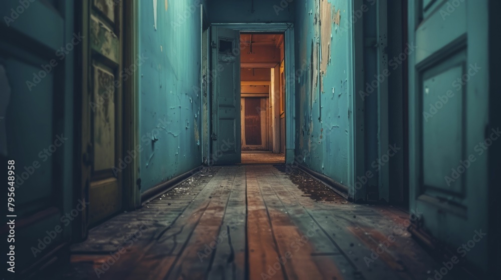 Obraz premium Eerie photograph of a hallway with doors slightly open, as if whispering secrets, ideal for exploring themes of hidden fears and ghost stories.