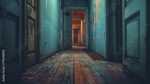 Eerie photograph of a hallway with doors slightly open, as if whispering secrets, ideal for exploring themes of hidden fears and ghost stories.