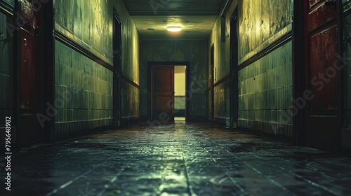 Dimly lit corridor with doors slightly ajar, photograph capturing the fear of the unknown in institutional horror settings. photo