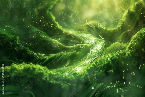 Lush green data streams flow like rivers through a digital forest, capturing nature s essence in an abstract, techinspired landscape, background concept