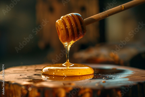 Honey Dripping From Wooden Spoon Onto Table