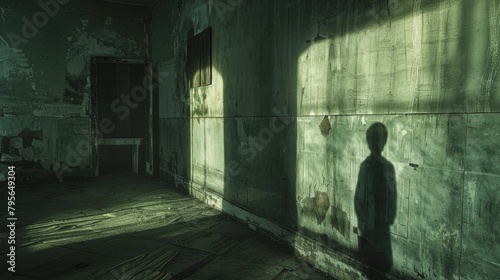 Eerie shot of a child's shadow on the wall of an empty room, photograph perfect for psychological horror and ghost stories.