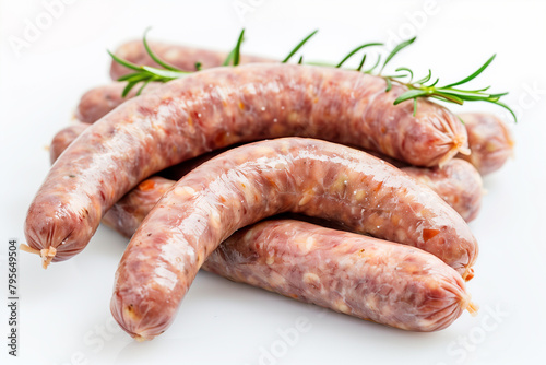 Fresh Raw Sausages With Rosemary on White Background