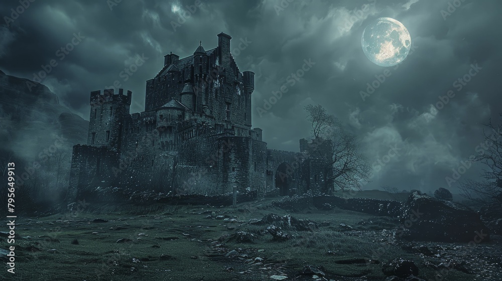 The eerie silhouette of the ancient castle under a moonlit sky invites chilling tales of ghosts and ancient myths.