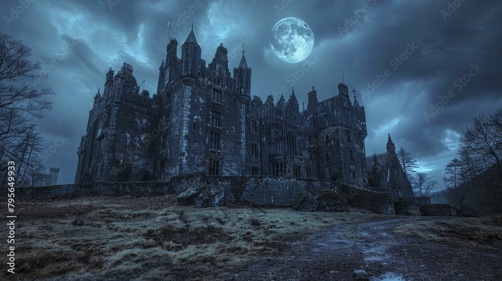 An eerie moonlit castle, shrouded in darkness, beckons whispers of ghosts and ancient folklore on a haunting night.