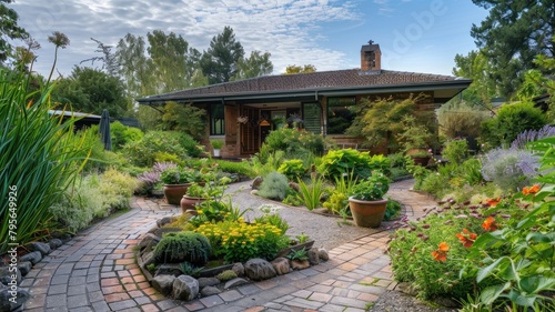 a single-story house nestled within a beautiful garden, where vibrant flowers, lush greenery, and manicured lawns create a picturesque backdrop of tranquility and serenity. photo