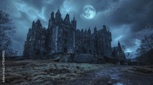 An eerie moonlit castle, shrouded in darkness, beckons whispers of ghosts and ancient folklore on a haunting night.
