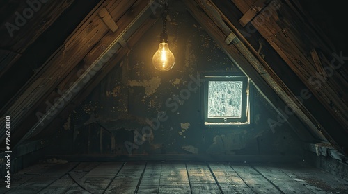 Gloomy attic room with a lightbulb flickering, photo capturing the claustrophobic and haunted atmosphere, suitable for thriller scenes. photo