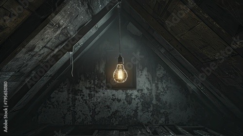 A chilling photograph of a gloomy attic room with a flickering lightbulb, evoking a claustrophobic and haunted ambiance for thriller scenes. photo