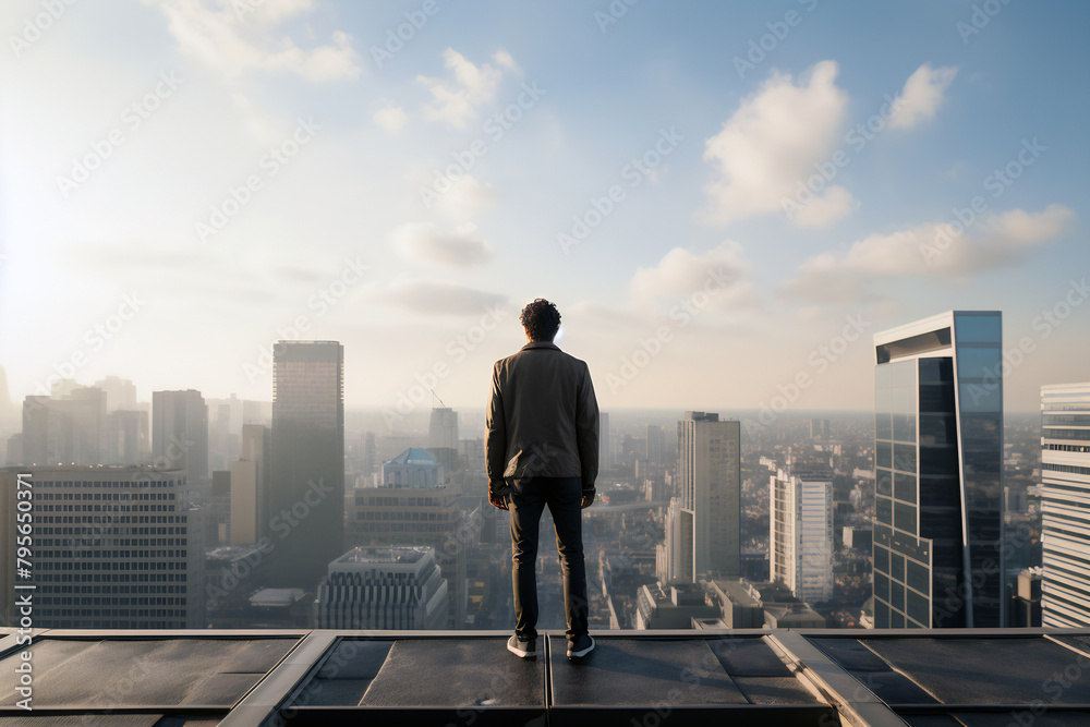 Man Contemplating City from Above Man Contemplating City from Above